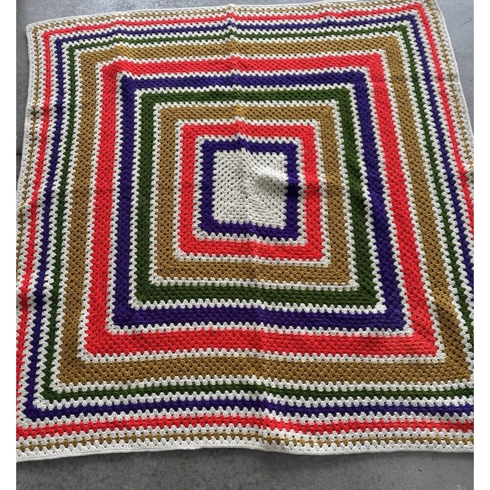 Vintage Hand Crochet Afghan Throw Blanket Square Design Heavy Mint  Never Used